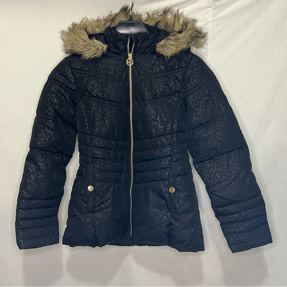 SOLD Michael Kors, Girls Black Jacket, Leopard Print, Faux Fur Hood, Size 14